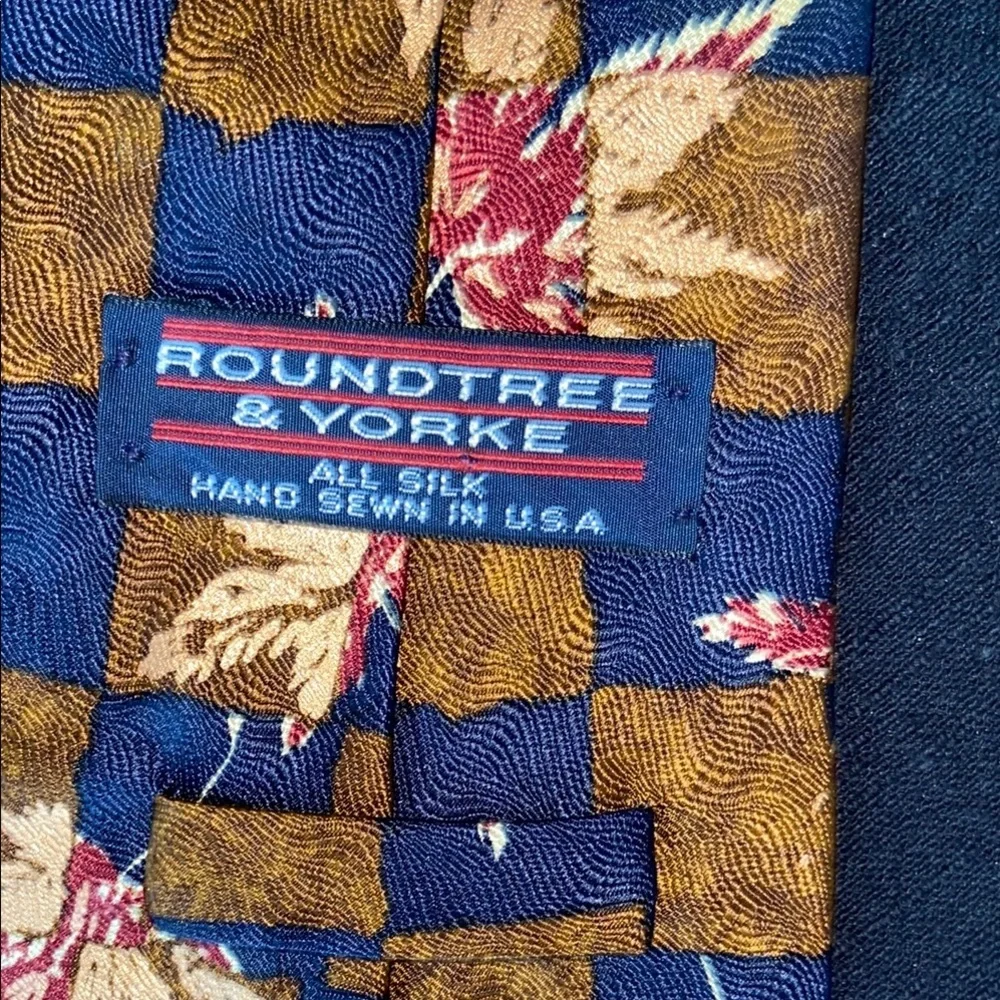 Roundtree & Yorke Blue Bronze Silk Necktie Checkerboard Leaf USA Vintage Fall
